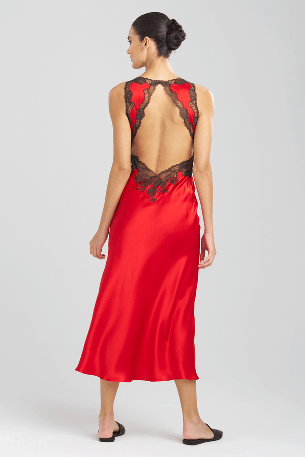 Natori Lolita Lace Trim Silk Slip Dress Scarlet/Ash Black