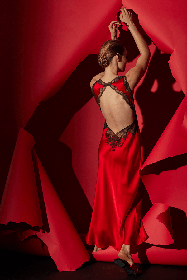 Natori Lolita Lace Trim Silk Slip Dress Scarlet/Ash Black