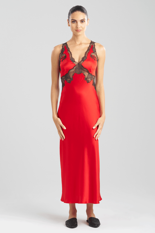 natori Lolita Lace Trim Silk Slip Dress Scarlet/Ash Black