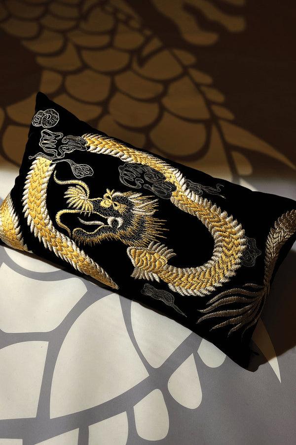 Natori Luxe Charm Dragon Embroidered Oblong Pillow Black