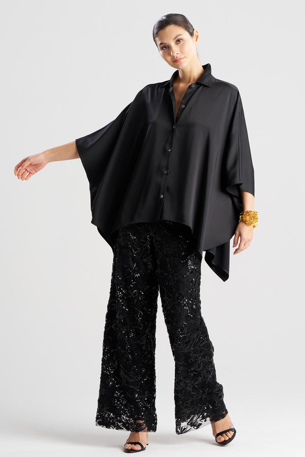 Natori Luxe Charmeuse Button Down Caftan Shirt Black