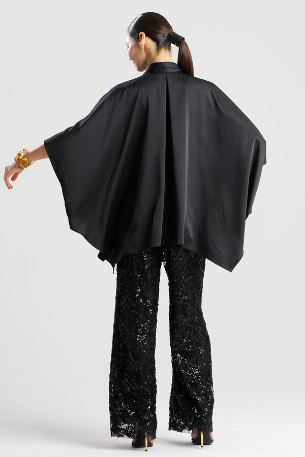 Natori Luxe Charmeuse Button Down Caftan Shirt Black