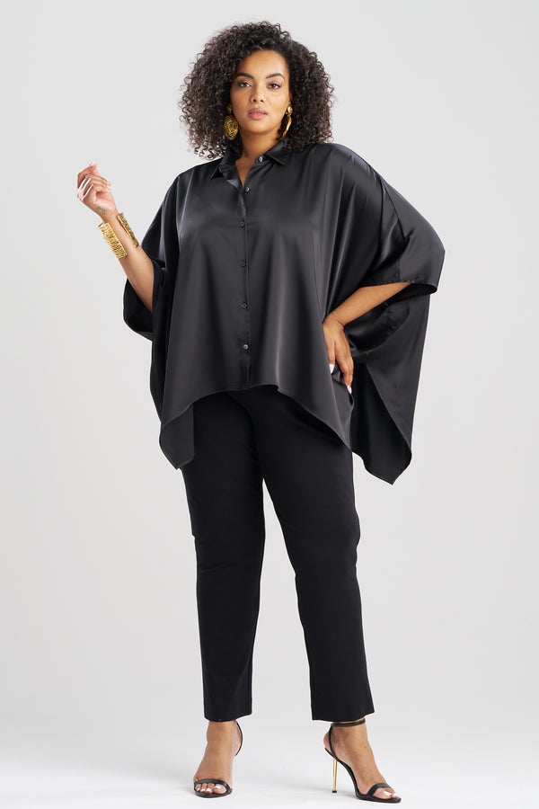Natori Luxe Charmeuse Button Down Caftan Shirt Black