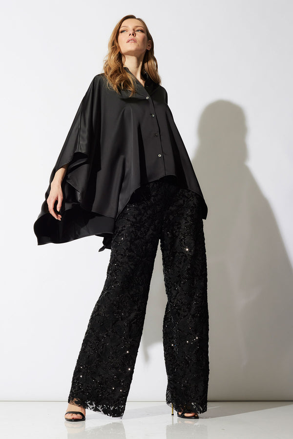 natori Luxe Charmeuse Button Down Caftan Shirt Black