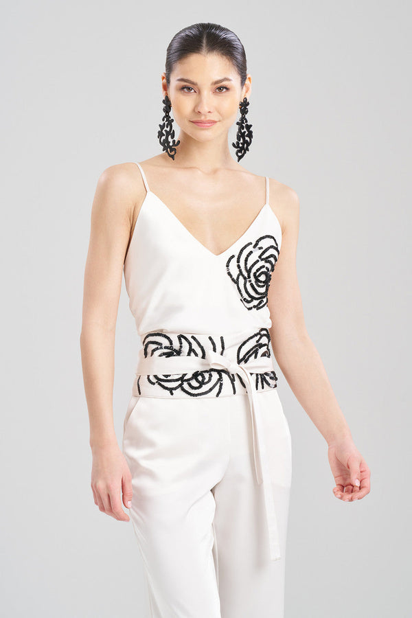 Natori Luxe Charmeuse Embroidered Floral Sequin Obi Belt Warm White