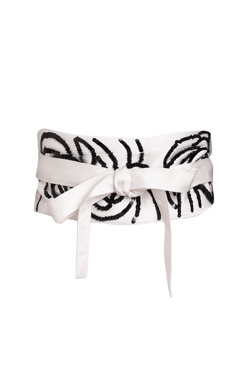 natori Luxe Charmeuse Embroidered Floral Sequin Obi Belt Warm White