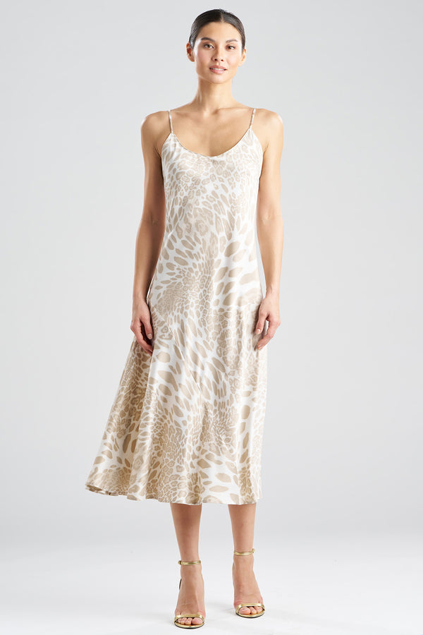 natori Luxe Leopard Scoop Neck Slip Dress Sand Taupe