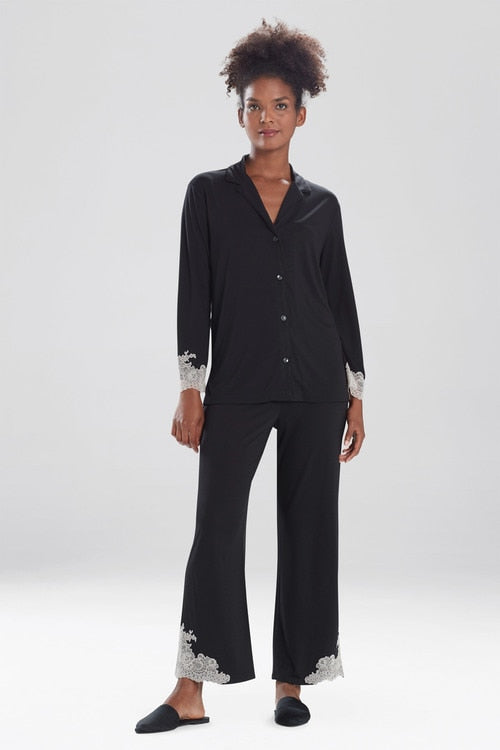 natori Luxe Shangri-La TENCEL™ Long Sleeve Notch PJ Black