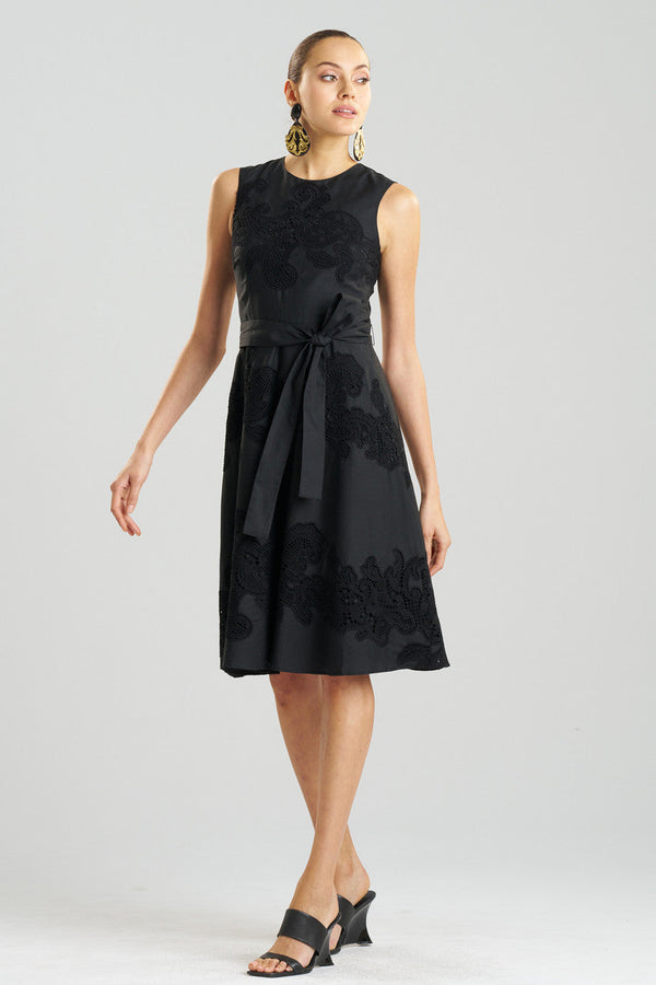 natori Madeira Cutwork Embroidered Fit & Flare Dress Black