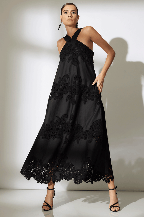 Natori Madeira Cutwork Embroidered Halter Dress Black