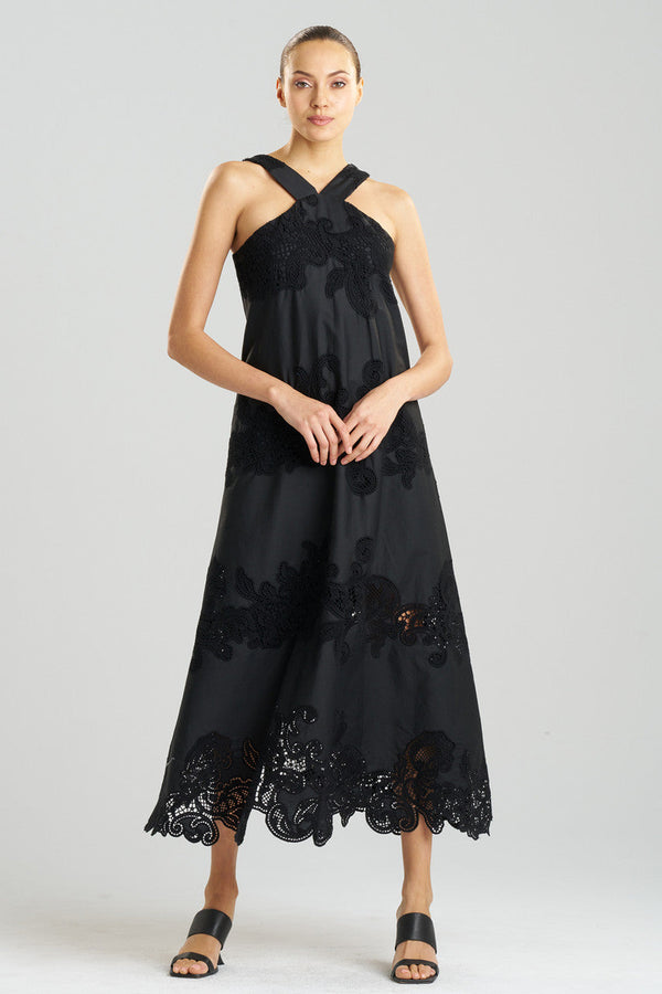 natori Madeira Cutwork Embroidered Halter Dress Black
