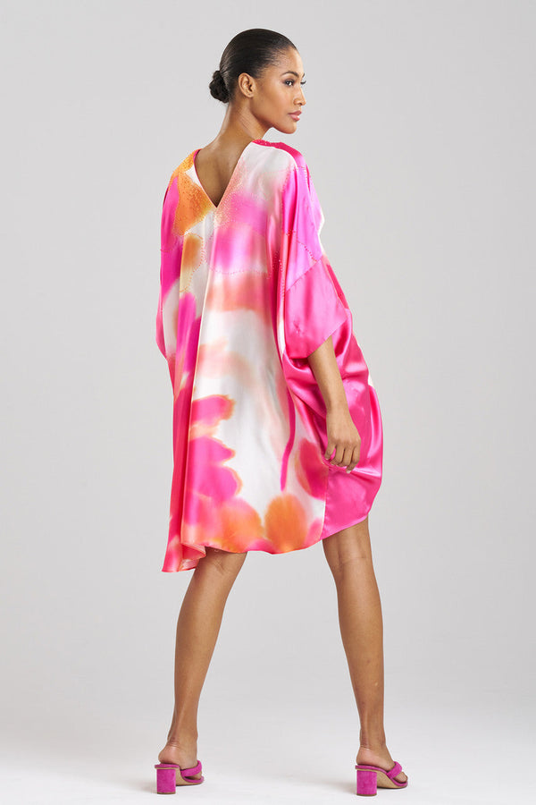 Natori Malaga Embellished Short Silk Caftan Coral Peach