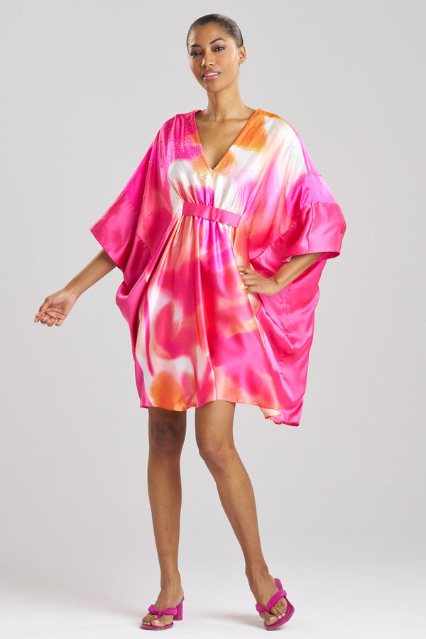 natori Malaga Embellished Short Silk Caftan Coral Peach