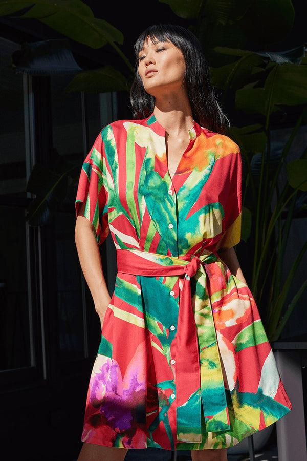 natori Mallorca Printed Cotton Silk Dress Red Multi