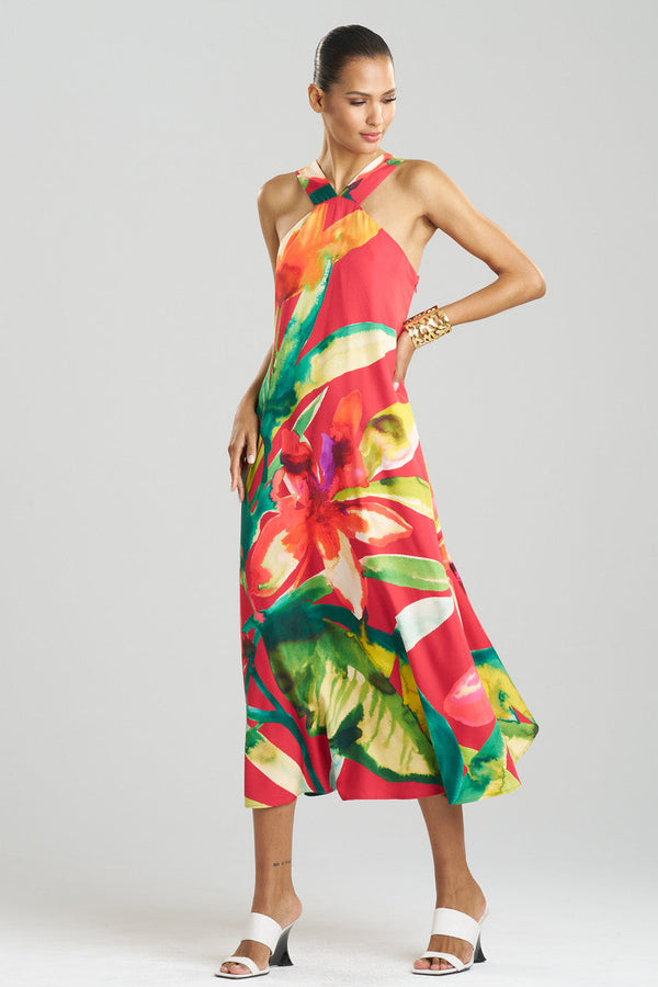 Natori Mallorca Printed Cotton Silk Halter Dress Red Multi