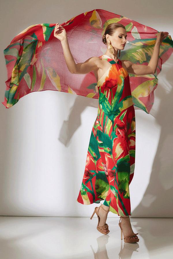 natori Mallorca Printed Cotton Silk Halter Dress Red Multi