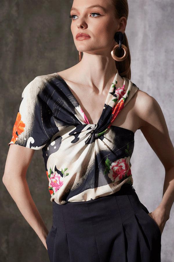 Natori Mayumi Cotton Silk Asymmetrical Top Black Multi