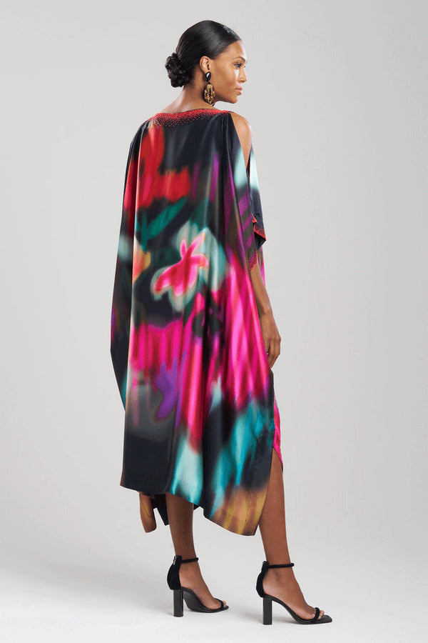 Natori Melisande Beaded Cocoon Silk Caftan Black Multi