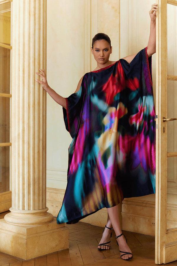Natori Melisande Beaded Cocoon Silk Caftan Black Multi