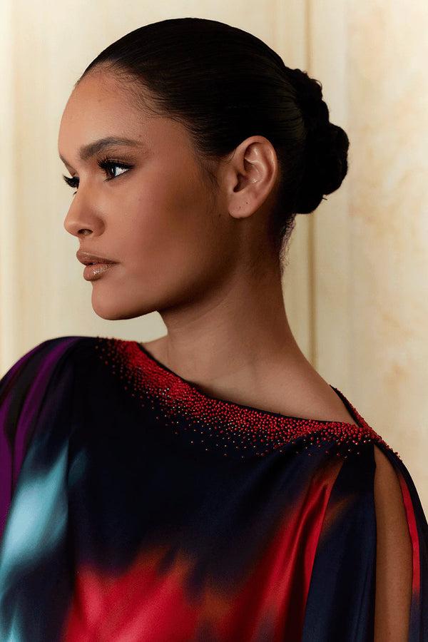 Natori Melisande Beaded Cocoon Silk Caftan Black Multi