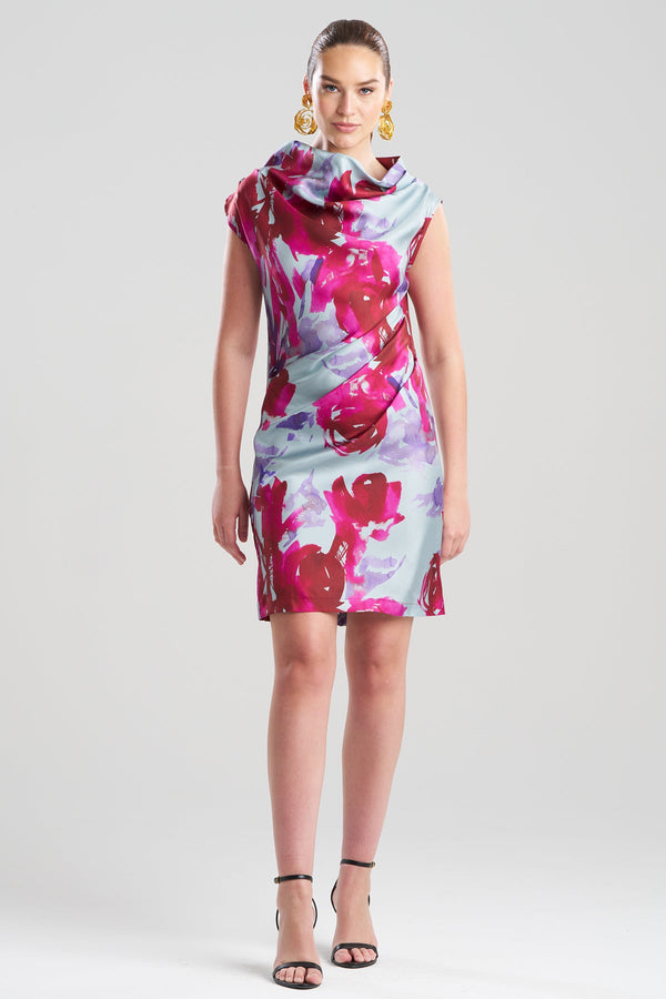 Natori Mira Silk Twill Asymmetric Funnel Neck Dress Fuchsia