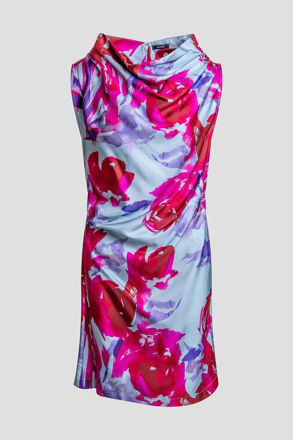 Natori Mira Silk Twill Asymmetric Funnel Neck Dress Fuchsia