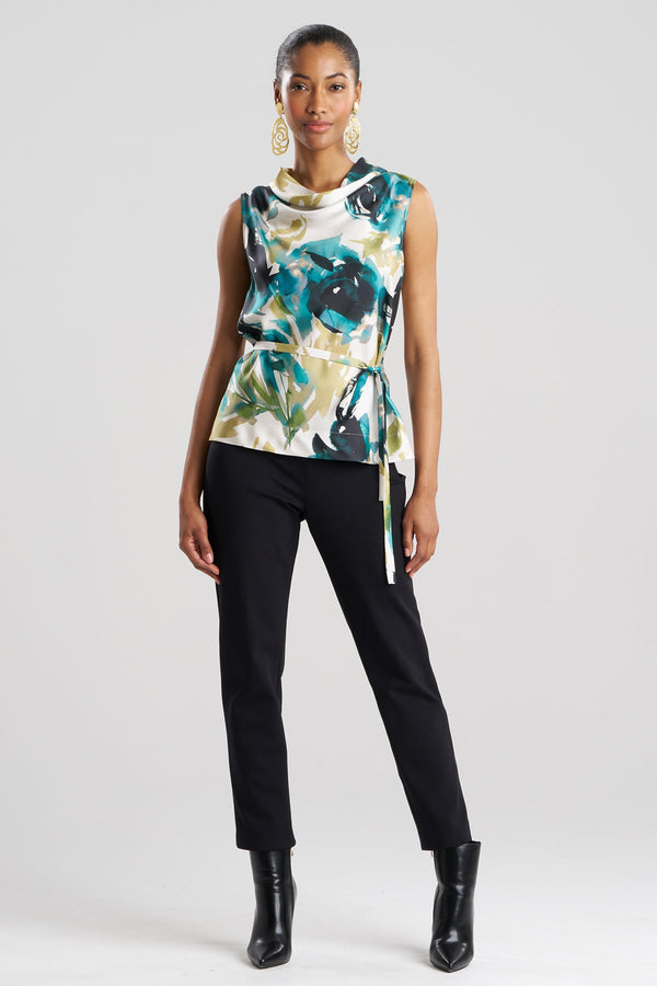 Natori Mira Silk Twill Belted Funnel Neck Top Midnight Teal