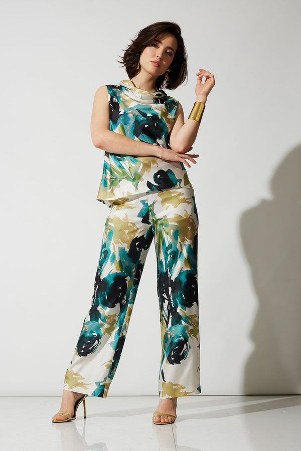 Natori Mira Silk Twill Belted Funnel Neck Top Midnight Teal