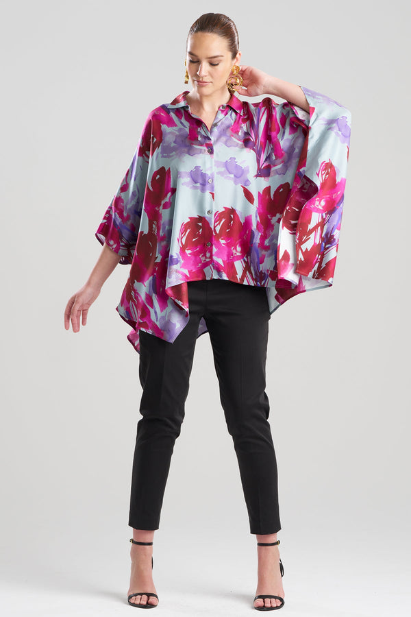 Natori Mira Silk Twill Button Down Caftan Shirt Fuchsia