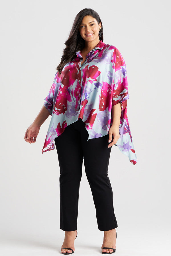 Natori Mira Silk Twill Button Down Caftan Shirt Fuchsia