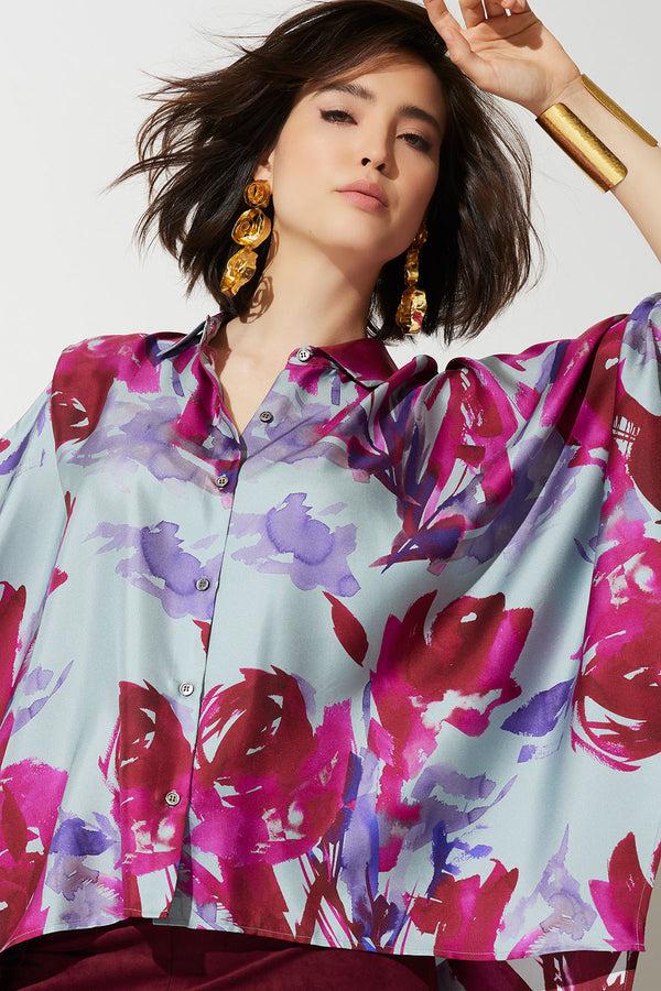 natori Mira Silk Twill Button Down Caftan Shirt Fuchsia