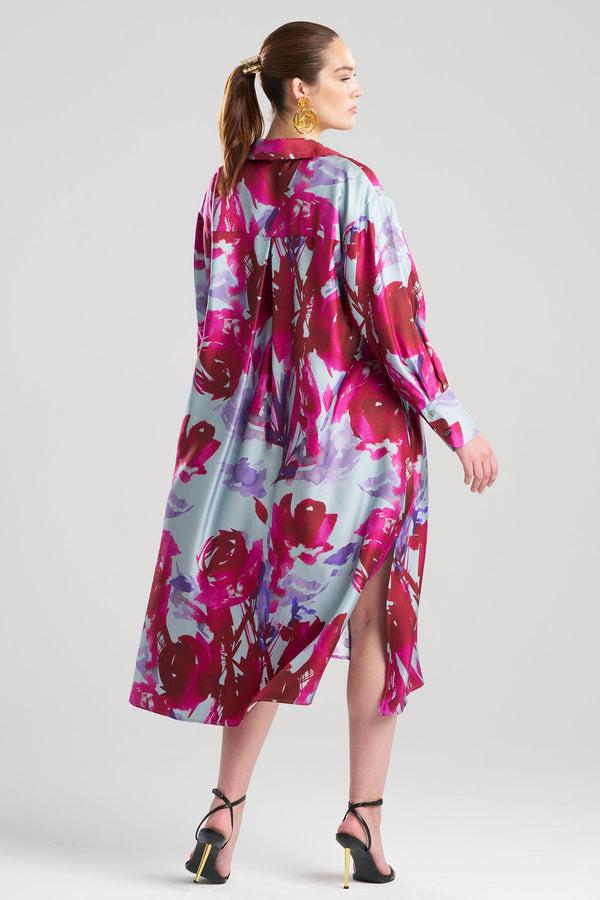 Natori Mira Silk Twill Oversized Shirt Dress Fuchsia