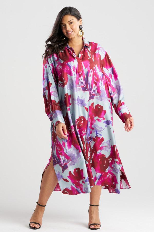 Natori Mira Silk Twill Oversized Shirt Dress Fuchsia
