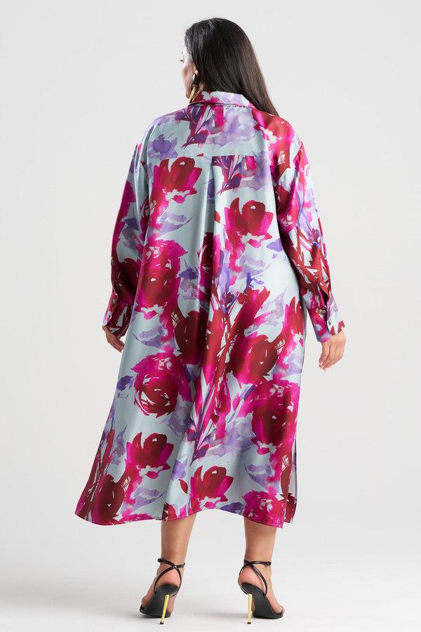 Natori Mira Silk Twill Oversized Shirt Dress Fuchsia