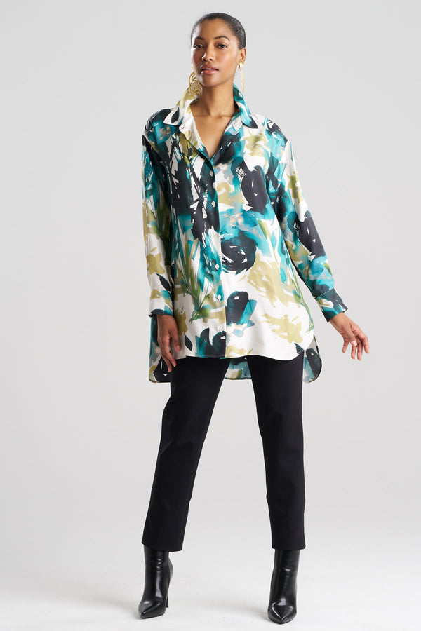 natori Mira Silk Twill Oversized Shirt Midnight Teal