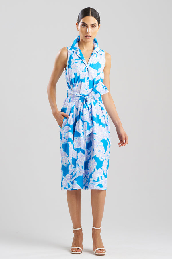 natori Misty Floral Cotton Halter Shirt Dress Malibu Blue