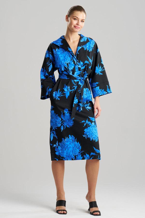 natori Miyako Printed Cotton Chino Kimono Shirtdress Aster Blue