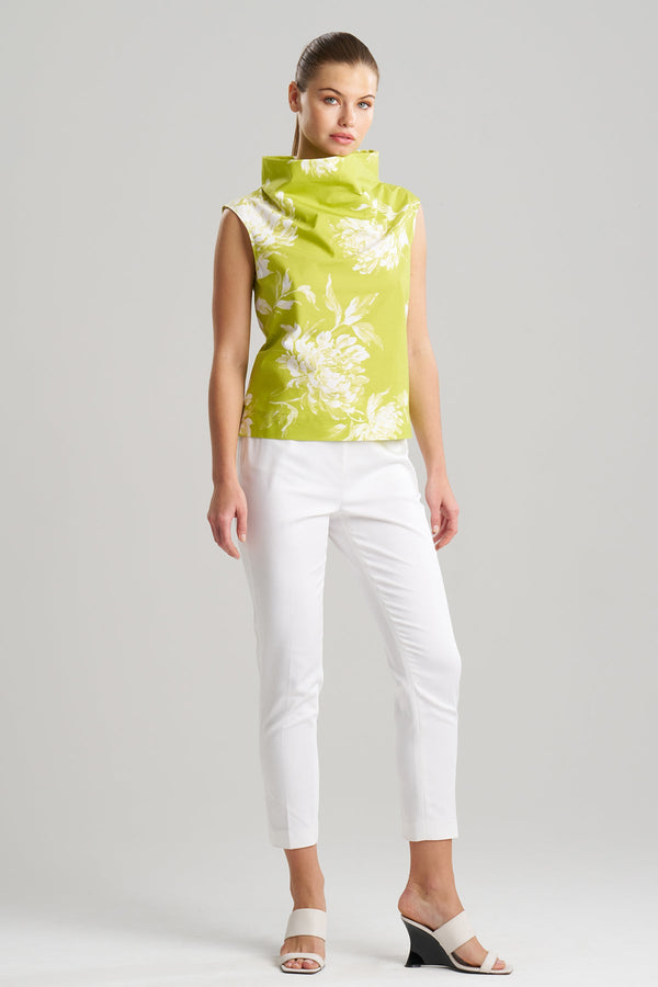 natori Miyako Printed Cotton Poplin Funnel Neck Top Chartreuse
