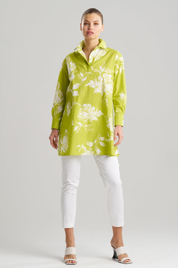 natori Miyako Printed Cotton Poplin Oversized Shirt Chartreuse