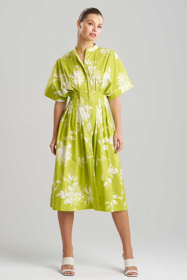 Natori Miyako Printed Cotton Poplin Pleat Button Down Dress Chartreuse