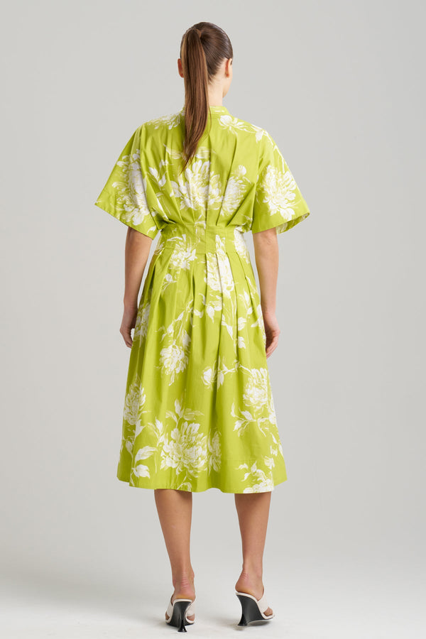Natori Miyako Printed Cotton Poplin Pleat Button Down Dress Chartreuse