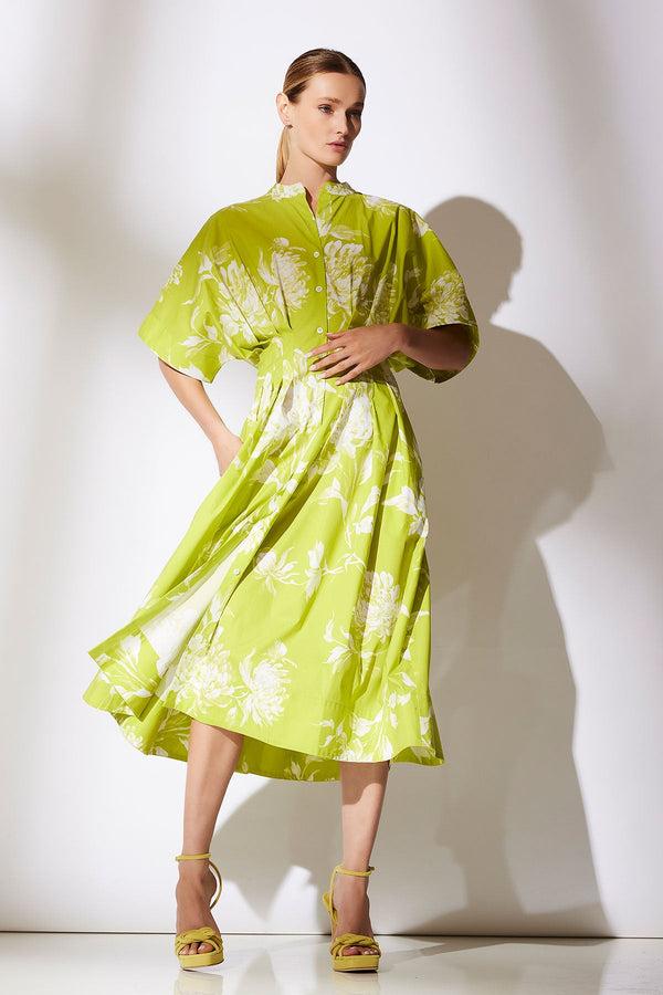 natori Miyako Printed Cotton Poplin Pleat Button Down Dress Chartreuse