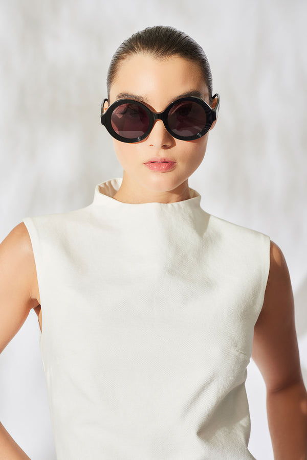 Natori Nami Acetate Round Sunglasses Glossy Black/Smoke