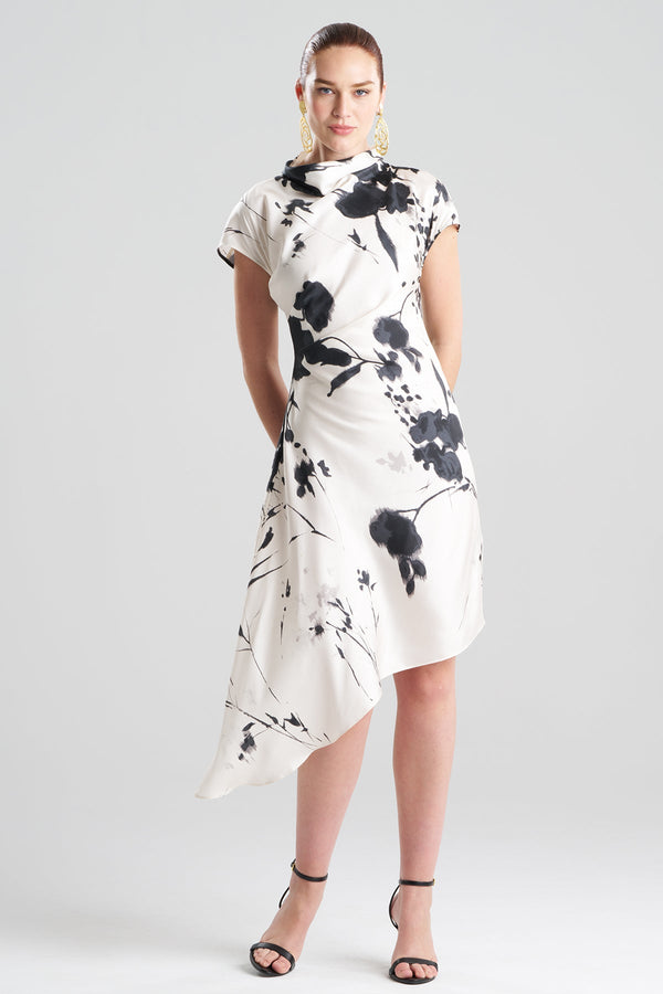 Natori Nara Silk Twill Asymmetric Pleated Dress Black/White