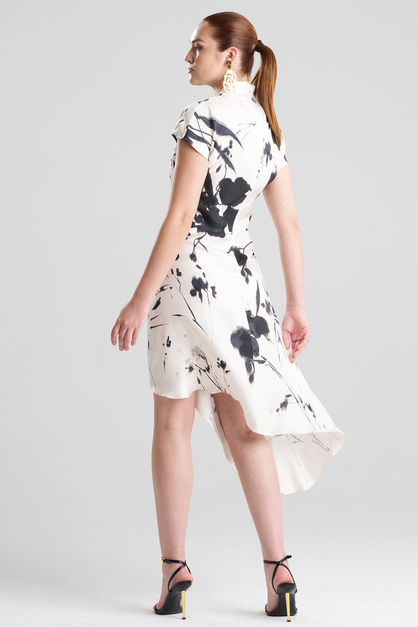 Natori Nara Silk Twill Asymmetric Pleated Dress Black/White