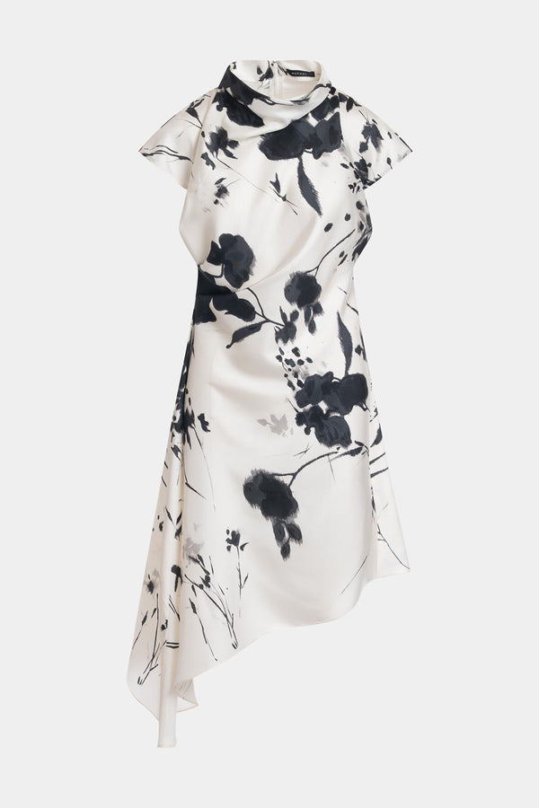 Natori Nara Silk Twill Asymmetric Pleated Dress Black/White