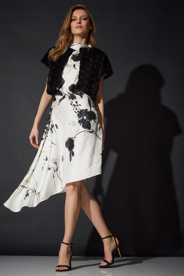 natori Nara Silk Twill Asymmetric Pleated Dress Black/White