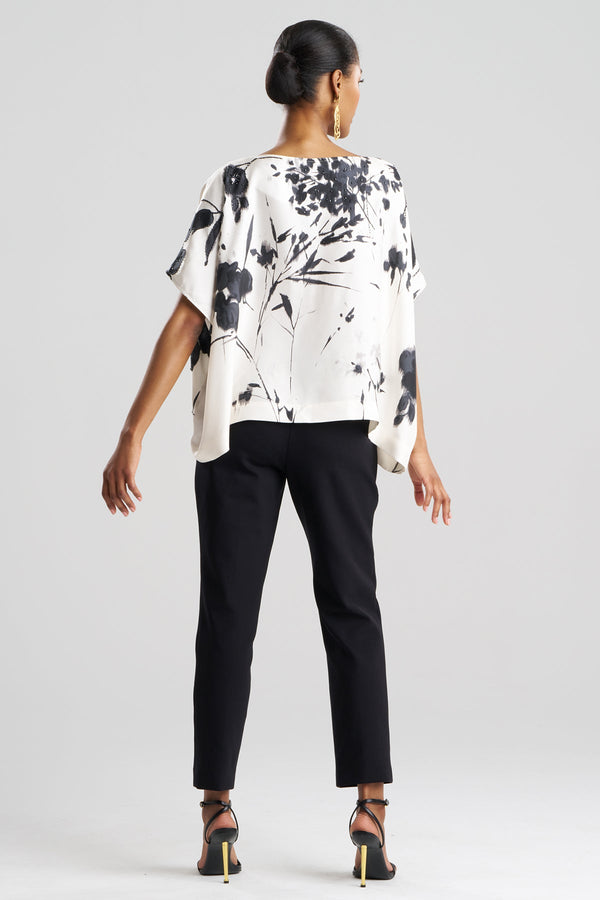 Natori Nara Silk Twill Beaded Caftan Top Black/White