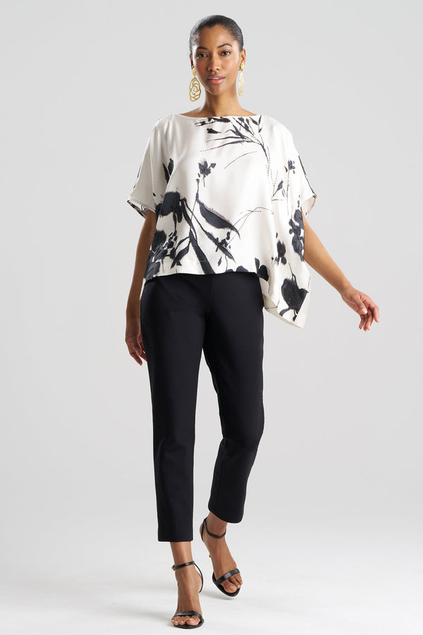 natori Nara Silk Twill Beaded Caftan Top Black/White