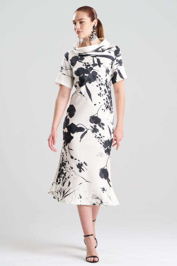 Natori Nara Silk Twill Beaded Column Dress Black/White